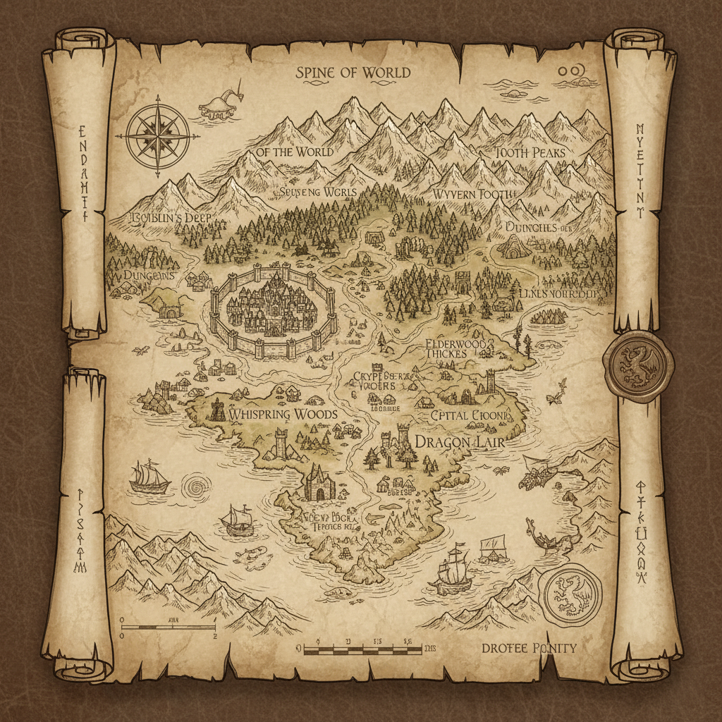 Epic fantasy map for my DnD campaign, aged parchment, hand-drawn style