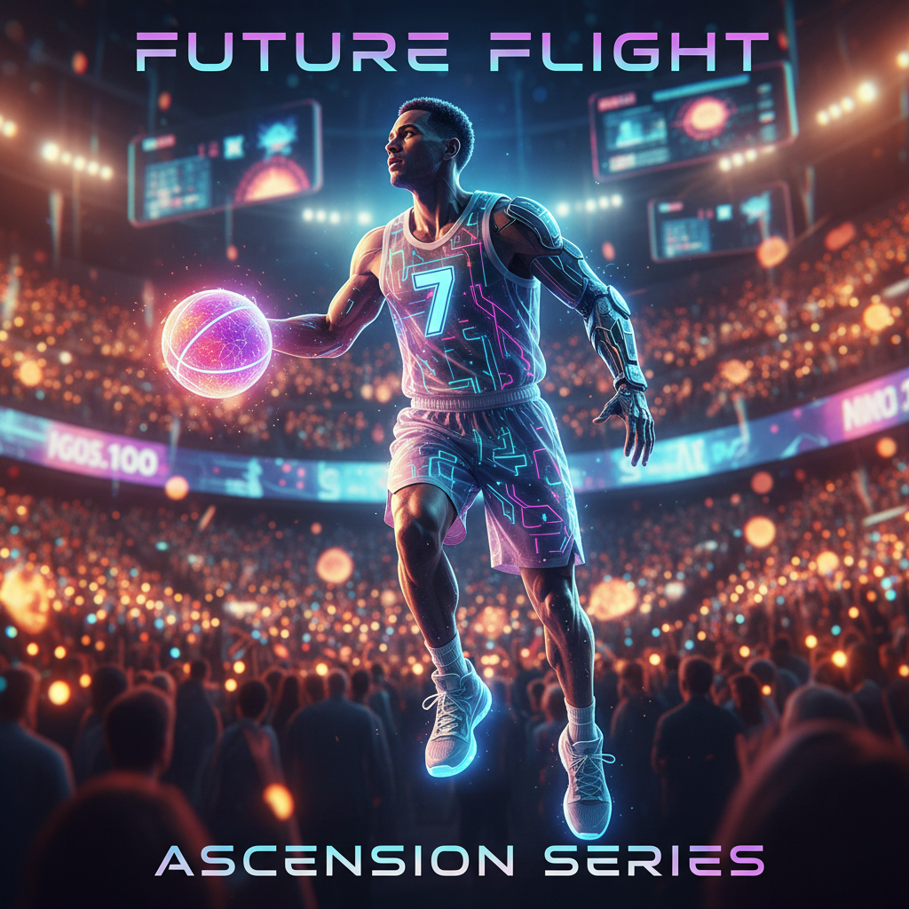 Futuristic athlete, holographic jersey, stadium crowd, sports poster